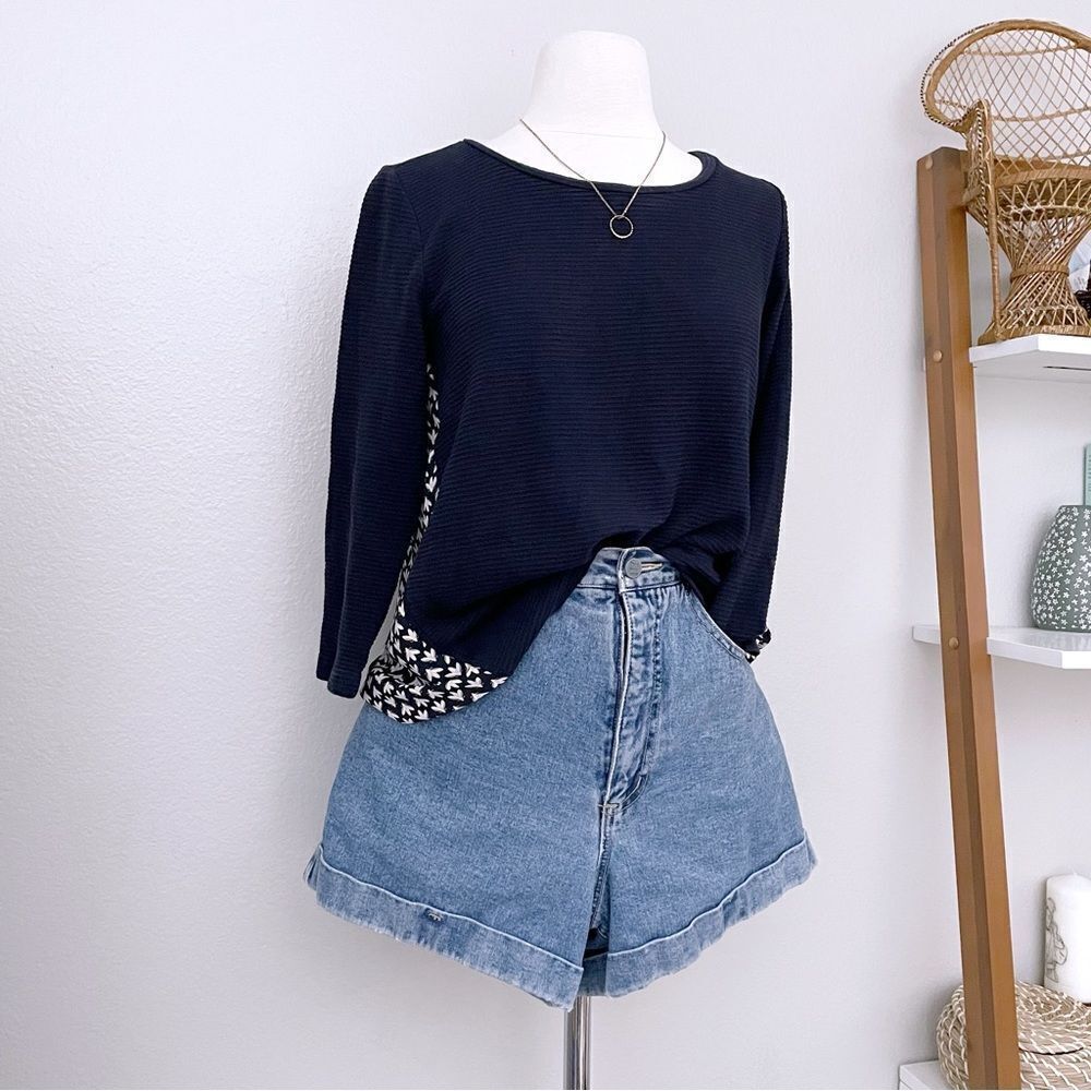 Navy Blue Knit Top With Floral Back